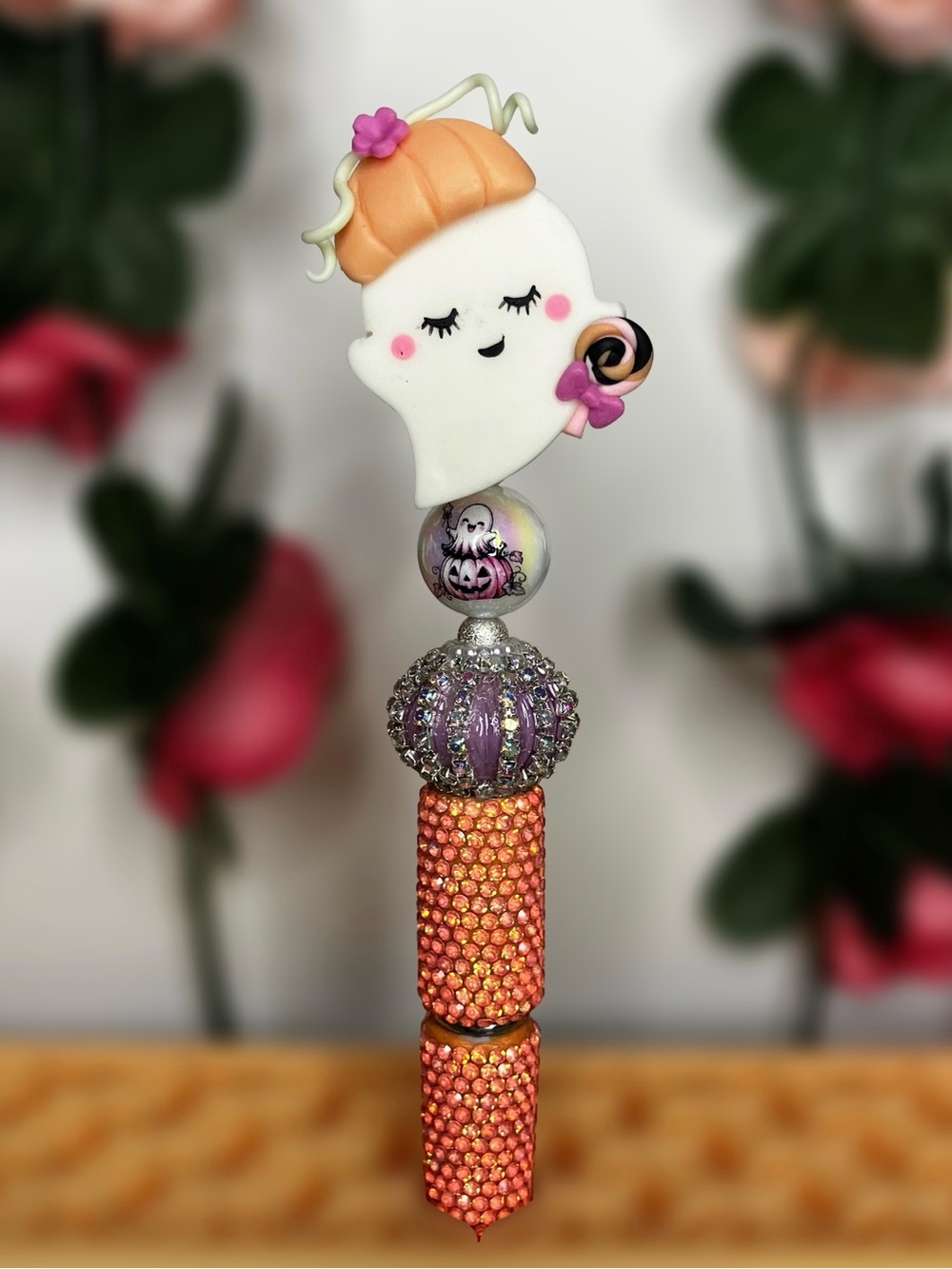 Halloween Clay Ghost with Pumpkin Hat & Lollipop Rhinestone Handmade Beaded Pen